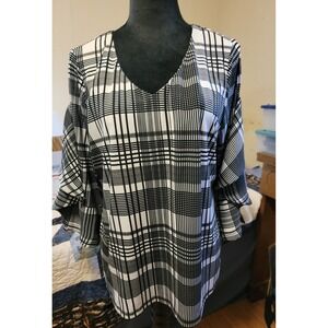 Charter Club Blouse Womens Black White Plaid Polyester Flair Ruffle Sleeves PXL